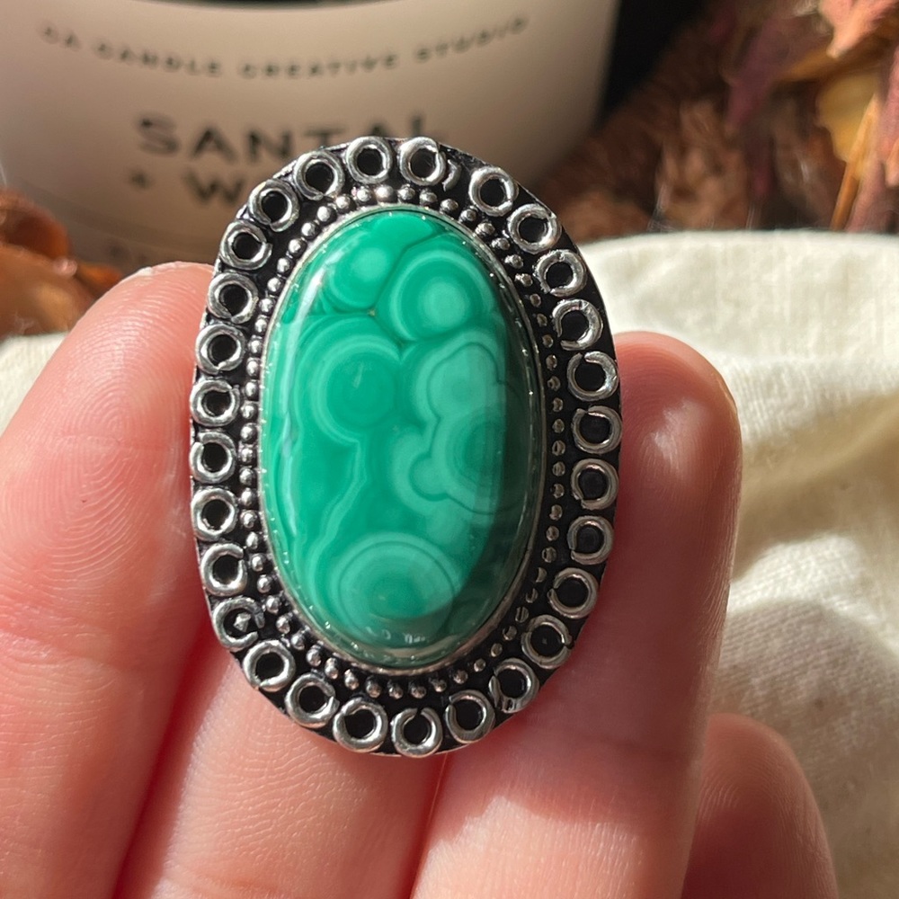 Size 6.5 925‎ silver plated malachite crystal ring 2302